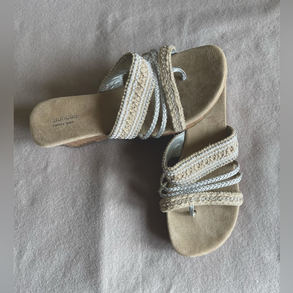 Women’s size 11 Maurice’s Wedge Memory Foam Sandals Shoes Beaded Cork Heels